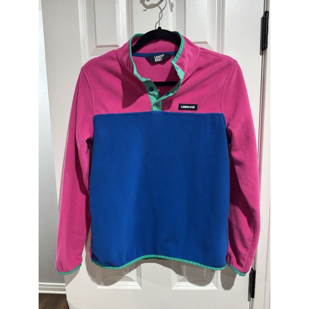 Lands' End Girls XL 14-16 Colorblock Fleece Pullover Sweatshirt Pink Blue